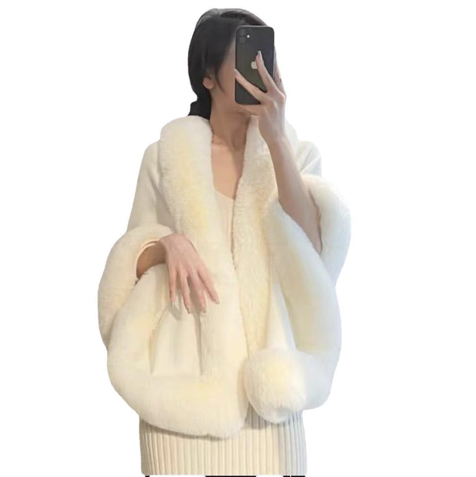 Cozy Fur Patchwork Scarf Collar Poncho Coat for Women