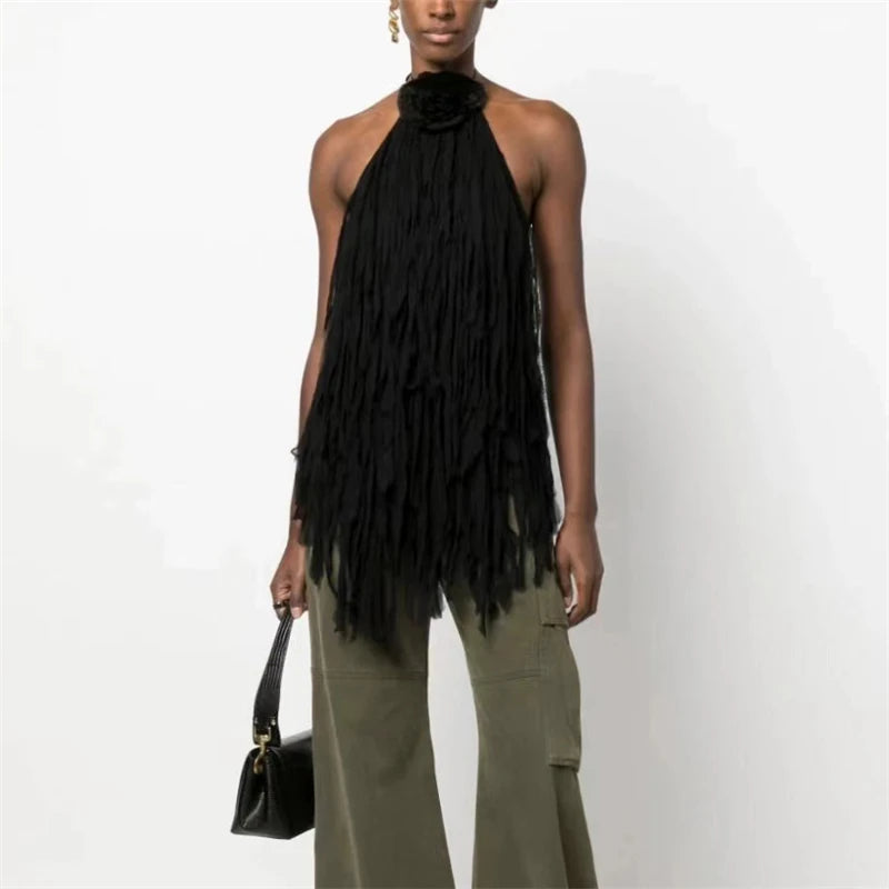 Chic Halter Neck Backless Tassel Top for Women